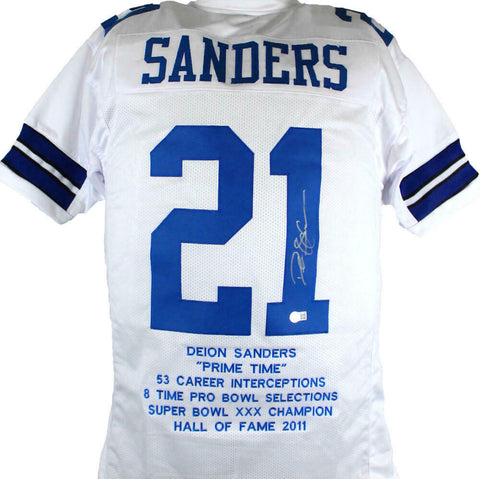 Deion Sanders Autographed White Pro STAT Style Jersey-Beckett W Hologram *Silver