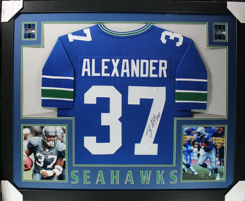 SHAUN ALEXANDER (Seahawks blue SKYLINE) Signed Autographed Framed Jersey JSA