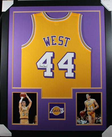 JERRY WEST (Lakers yellow TOWER) Signed Autographed Framed Jersey JSA