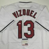 Autographed/Signed OMAR VIZQUEL Cleveland White Baseball Jersey PSA/DNA COA Auto