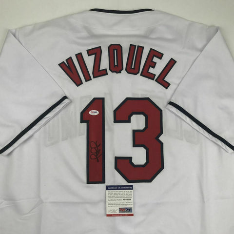 Autographed/Signed OMAR VIZQUEL Cleveland White Baseball Jersey PSA/DNA COA Auto