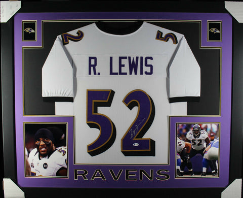 Ray Lewis Autographed/Signed Pro Style Framed White XL Jersey Beckett 36199