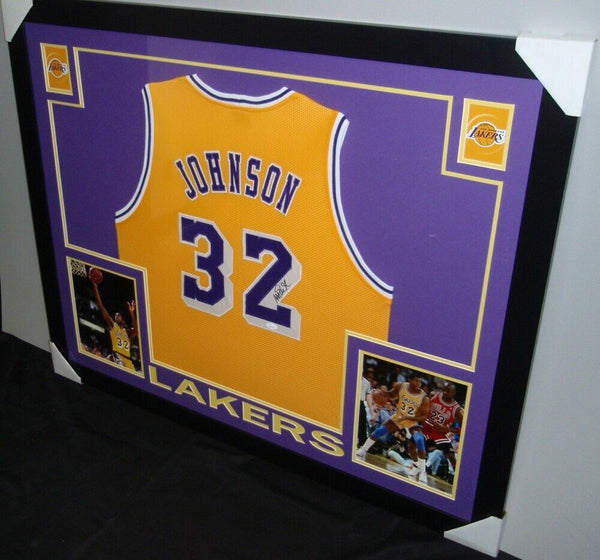Magic Johnson Signed Lakers 31 x 35 Framed Jersey (JSA COA) 5xNBA Ch –  Super Sports Center