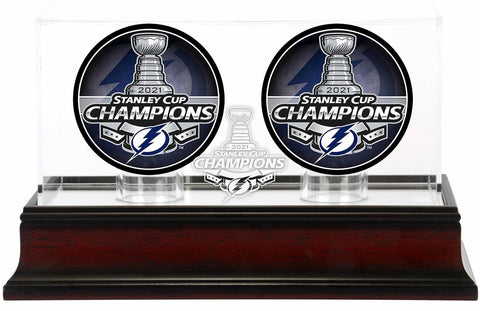 Lightning 2021 Stanley Cup Champs Mahogany Two Hockey Puck Logo Display Case