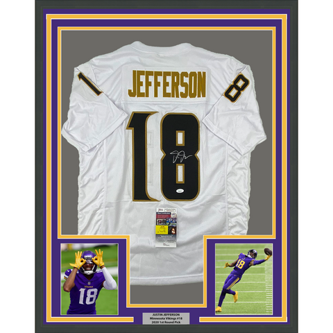 Framed Autographed Justin Jefferson 33x42 Minnesota White/Gold Jersey JSA COA