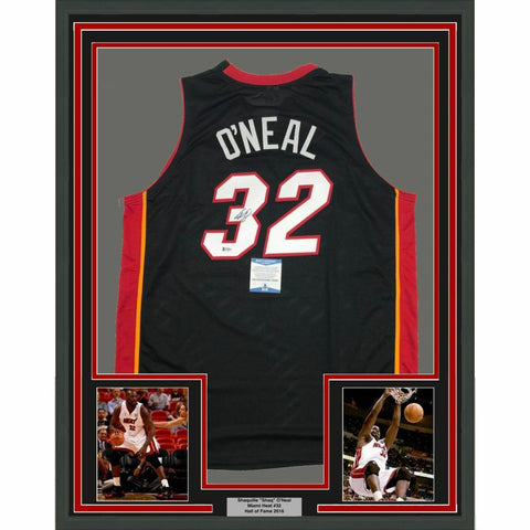 FRAMED Autographed/Signed SHAQUILLE SHAQ O'NEAL 33x42 Miami Black Jersey BAS COA