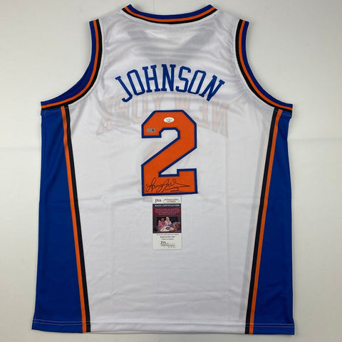 Autographed/Signed Larry Johnson New York White Basketball Jersey JSA COA Auto