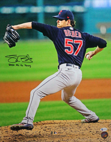 Shane Bieber Signed Cleveland 16X20 FP Pitching w/Insc - Beckett W Auth *Black