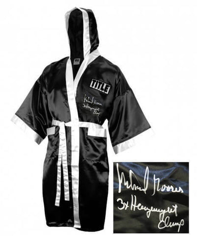 Michael Moorer Signed Title Black Full Length Boxing Robe w/3x HW Champ - SS COA