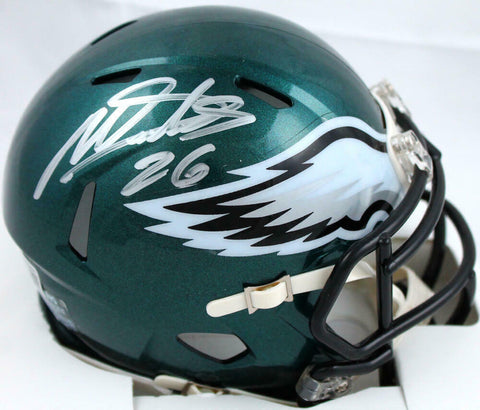 Miles Sanders Autographed Phil. Eagles Speed Mini Helmet-Beckett W Holo *Silver