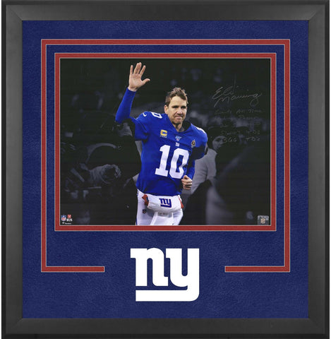 Eli Manning Giants FRMD Signed 16x20 Last Game Photo with Multiple Stat Inscs