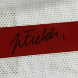 Autographed/Signed JUSTIN FIELDS Ohio State White College Jersey Beckett BAS COA