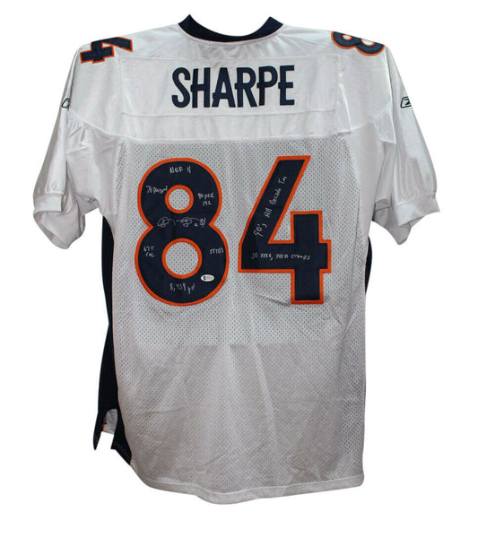 Shannon Sharpe Signed Denver Broncos Reebok White 54 Jersey 8 Insc BAS 34470