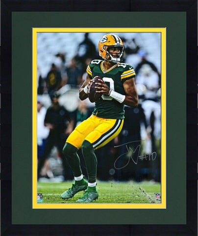 Framed Jordan Love Green Bay Packers Signed 16" x 20" Vertical Dropback Photo