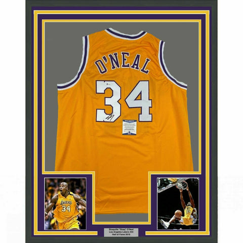 FRAMED Autographed/Signed SHAQUILLE SHAQ O'NEAL 33x42 LA Yellow Jersey BAS COA