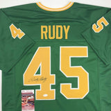 Autographed/Signed Rudy Ruettiger Notre Dame Green Rudy College Jersey JSA COA