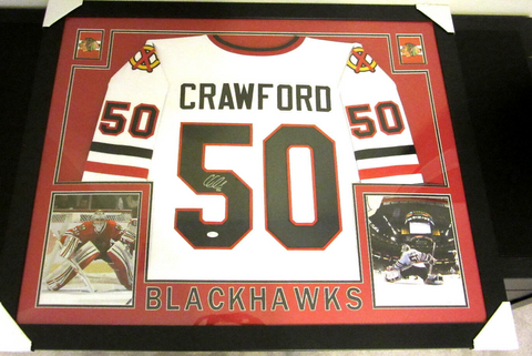 Corey Crawford Signed Blackhawks 35x43 Framed Jersey (JSA COA) 2xCup Champion
