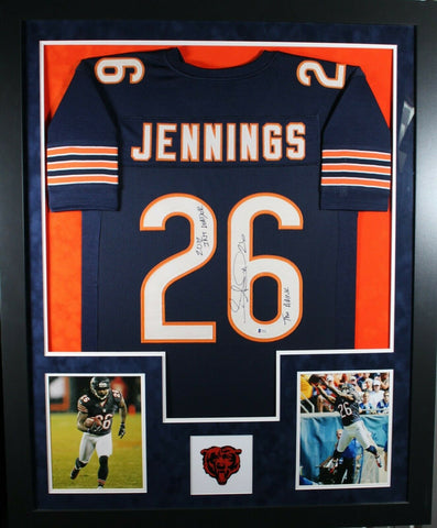 WOW!! RARE TIM JENNINGS (Bears INSCRIBED SUEDE) Signed Autographed Framed Jersey
