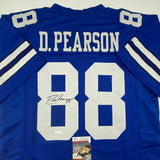 Autographed/Signed DREW PEARSON Dallas Blue Football Jersey JSA COA Auto
