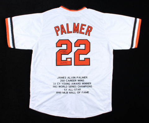 Jim Palmer Signed Career Stat Baltimore Orioles Jersey Inscr. "HOF 90" (JSA COA)