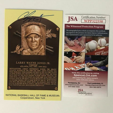 Autographed/Signed CHIPPER JONES HOF Hall Of Fame Plaque Postcard JSA COA Auto