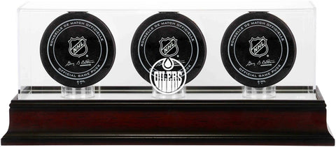 Edmonton Oilers Mahogany Three Hockey Puck Logo Display Case