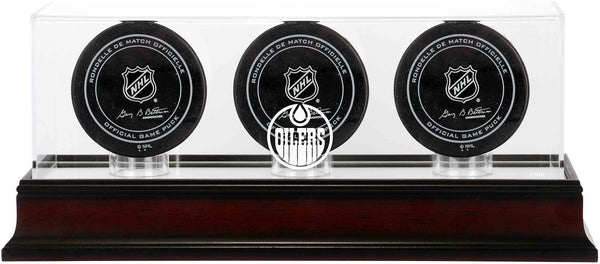 Edmonton Oilers Mahogany Three Hockey Puck Logo Display Case