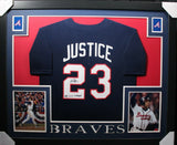 DAVE JUSTICE (Braves blue SKYLINE) Signed Autographed Framed Jersey JSA