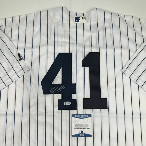 Autographed/Signed MIGUEL ANDUJAR New York Pinstripe Majestic Jersey Beckett COA