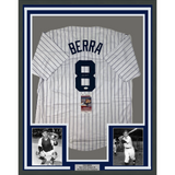 Framed Autographed/Signed Yogi Berra 33x42 New York Pinstripe Jersey JSA COA