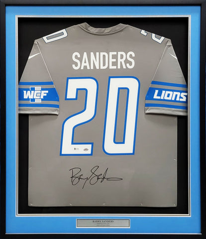 LIONS BARRY SANDERS AUTOGRAPHED FRAMED GRAY NIKE JERSEY BECKETT WITNESS 209459