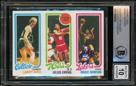 Lakers Magic Johnson Signed 1980 Topps Rookie Reprint #139 Card Auto 10 BAS Slab