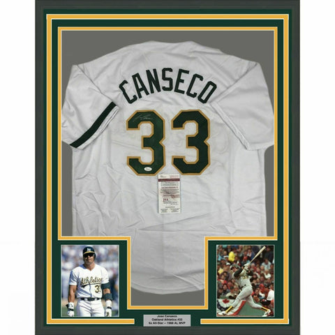 FRAMED Autographed/Signed JOSE CANSECO 33x42 Oakland White Jersey JSA COA Auto
