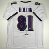 Autographed/Signed ANQUAN BOLDIN Baltimore White Football Jersey Beckett BAS COA