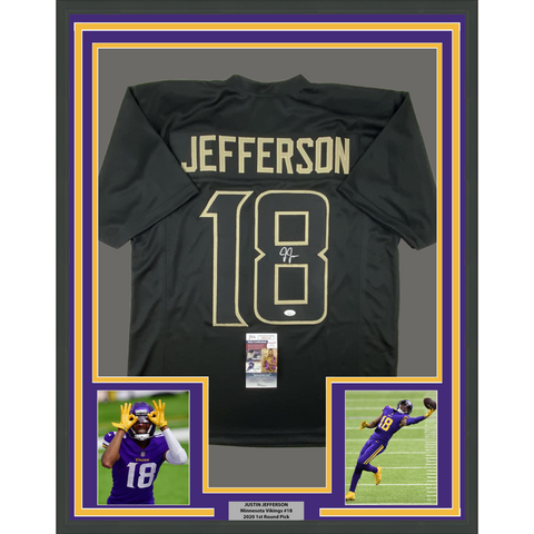FRAMED Autographed/Signed JUSTIN JEFFERSON 33x42 Minnesota Black Jersey JSA COA