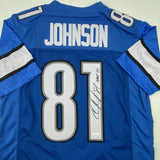 Autographed/Signed CALVIN JOHNSON HOF 21 Detroit Blue Football Jersey JSA COA