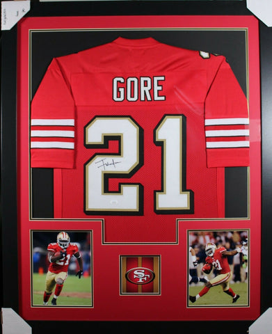 FRANK GORE (49ers red shadow TOWER) Signed Autographed Framed Jersey JSA