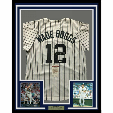 FRAMED Autographed/Signed WADE BOGGS 33x42 New York Pinstripe Jersey JSA COA