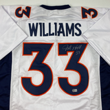 Autographed/Signed Javonte Williams Denver White Football Jersey Beckett BAS COA