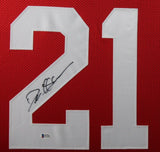DEION SANDERS (49ers red SKYLINE) Signed Autographed Framed Jersey Beckett