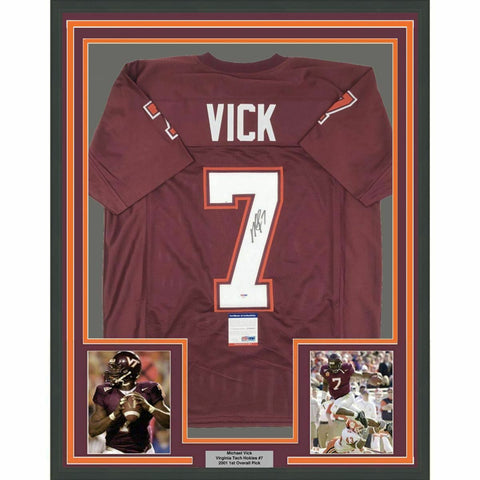 FRAMED Autographed/Signed MICHAEL MIKE VICK 33x42 Virginia Tech Jersey PSA COA