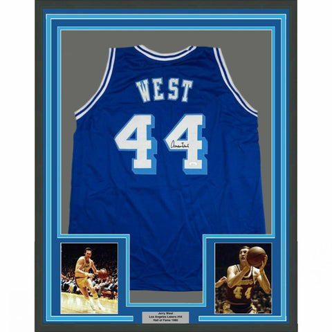 FRAMED Autographed/Signed JERRY WEST 33x42 Los Angeles Blue Retro Jersey JSA COA