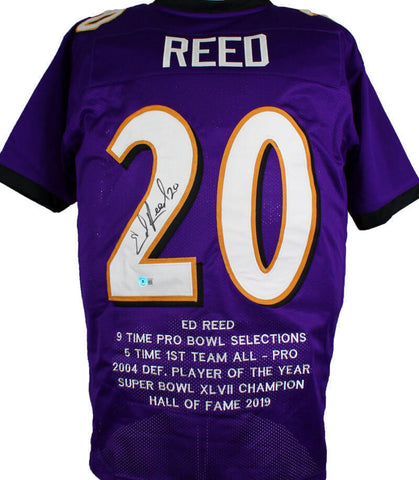 Ed Reed Autographed Purple Pro Style STAT Jersey - Beckett W Hologram *Black