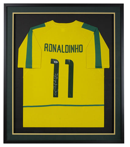 Ronaldinho Signed Framed Custom Yellow Soccer Jersey BAS ITP