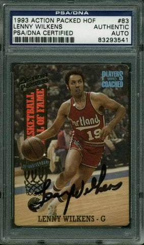 Blazers Lenny Wilkens Authentic Signed Card 1993 Action Packed HOF PSA Slabbed