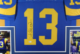 Kurt Warner Autographed/Signed Pro Style Framed Blue XL Jersey Beckett 36197