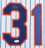 Mike Piazza Signed New York Mets 35x43 Framed Pinstripped Jersey (JSA COA)