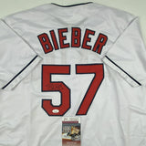 Autographed/Signed SHANE BIEBER Cleveland White Baseball Jersey JSA COA Auto
