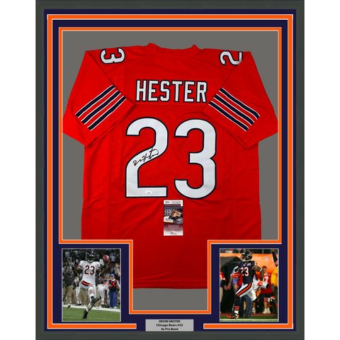 Framed Autographed/Signed Devin Hester 33x42 Chicago Orange Jersey JSA COA