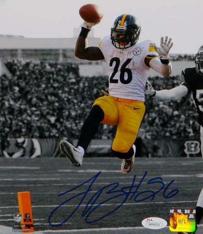 LeVeon Bell Autographed Steelers 8x10 B&W With Color PF. Jumping- JSA W Auth